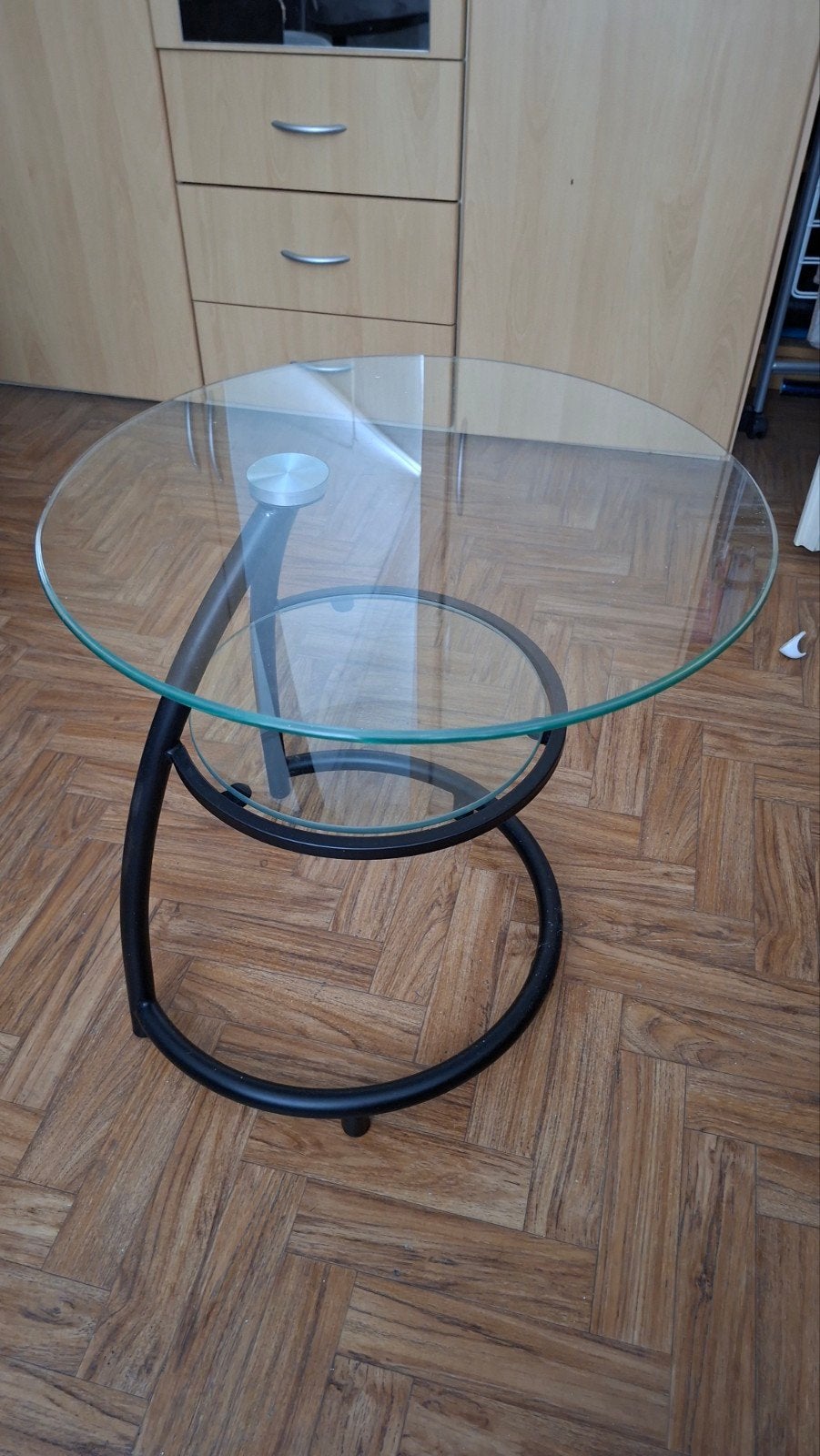 Ronde glazen bijzettafel met metalen frame, Minder dan 45 cm, Minder dan 55 cm, Rond, Ophalen of Verzenden
