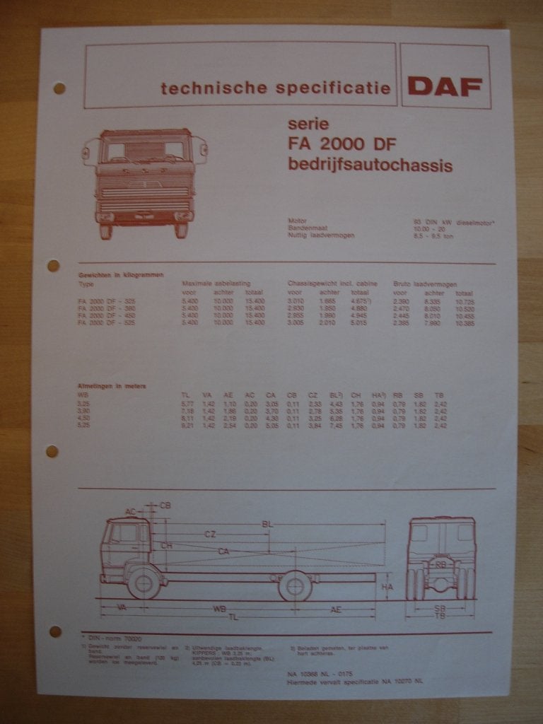 DAF FA 2000 DF Technische Specificatie folder 1975 – 4x2, Ophalen of Verzenden, Zo goed als nieuw, Overige merken, DAF