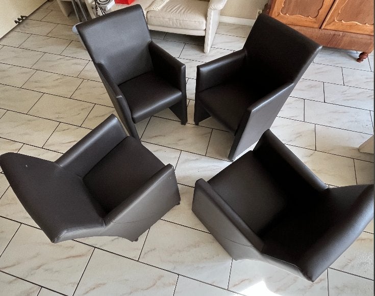Set 4 luxe eetkamerstoelen op wielen, Donkerbruin kunstleer, Ophalen, Kunststof, Gebruikt, Bruin