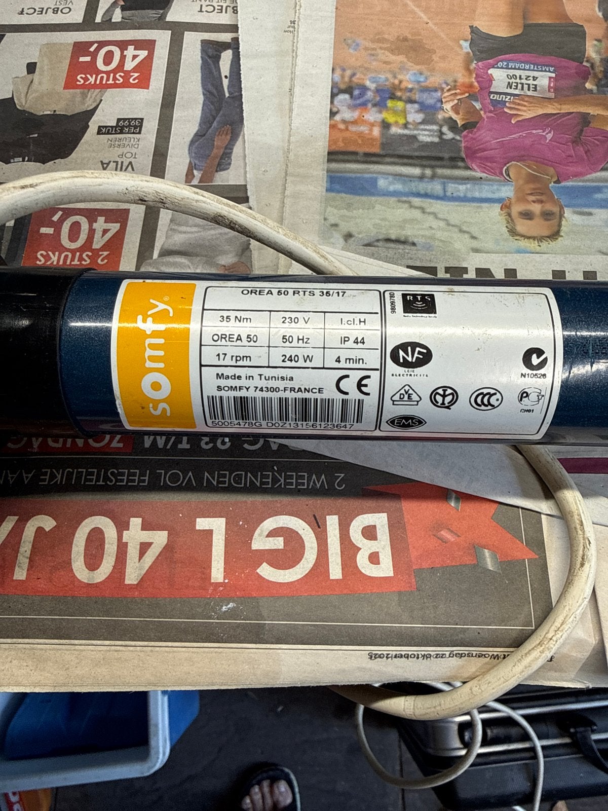 Somfy OREA 50 RTS 38/17 buismotor voor rolluik/zonwering, Gebruikt, Overige kleuren, Minder dan 100 cm, 100 tot 150 cm