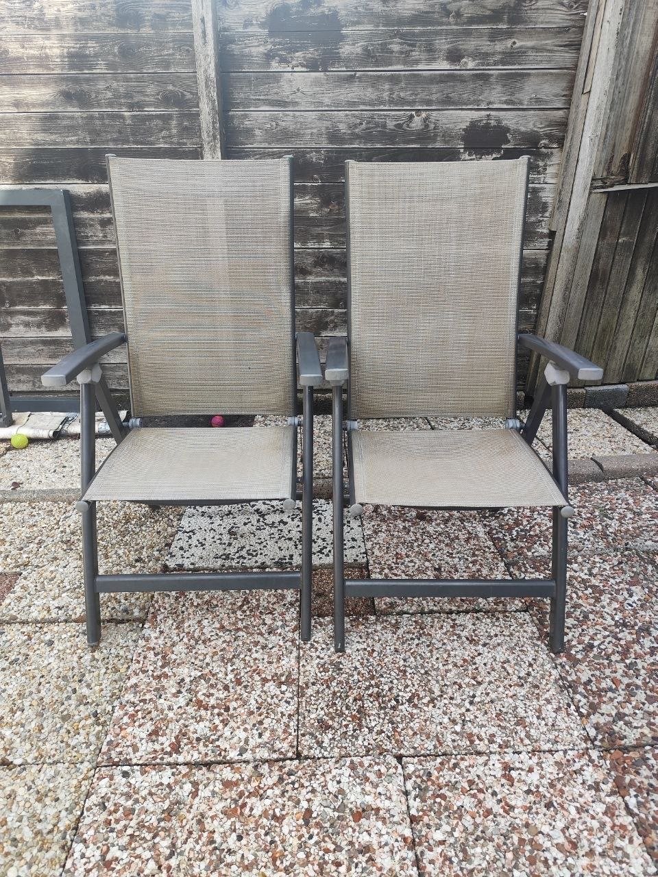 2 verstelbare tuinstoelen - grijs, Tuin en Terras, Tuinstoelen, Gebruikt, Metaal, Inklapbaar, Ophalen