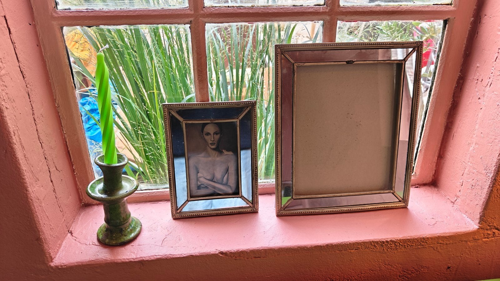 Set van 2 vintage fotolijsten met spiegelrand, Ophalen, Gebruikt, Fotolijst, Met glas