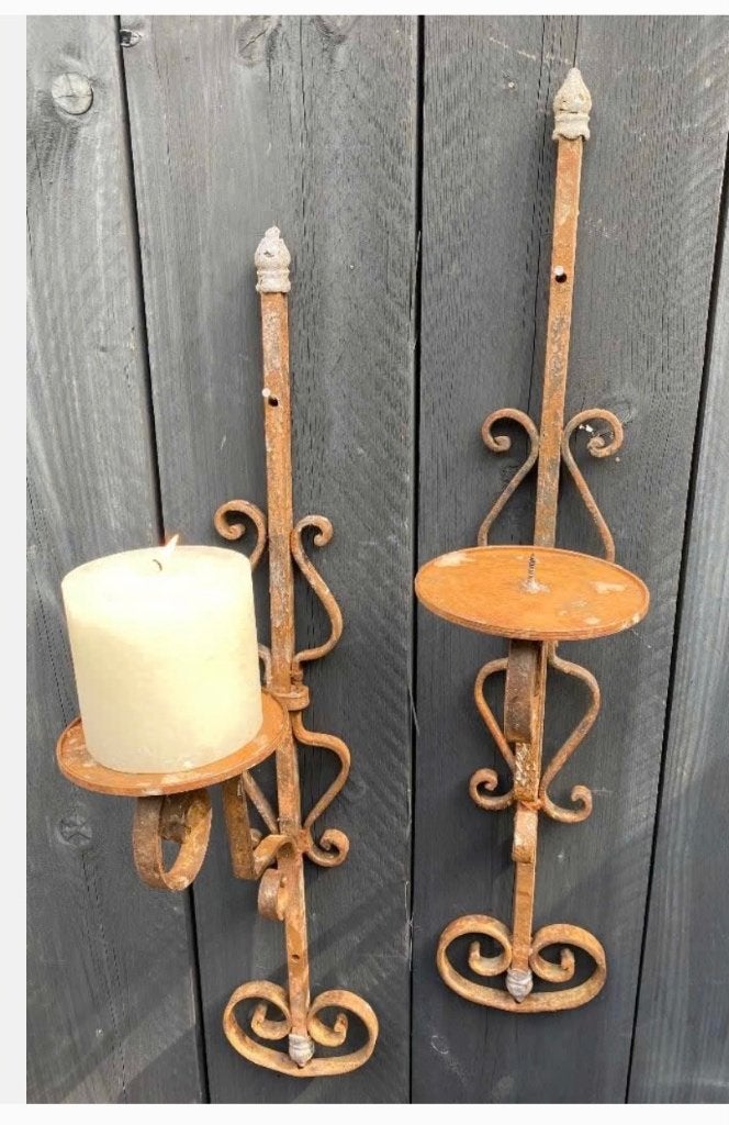 2 x Brocante smeedijzeren wand Tuindecoratie kaarshouders, Gebruikt, Ophalen of Verzenden, X, X