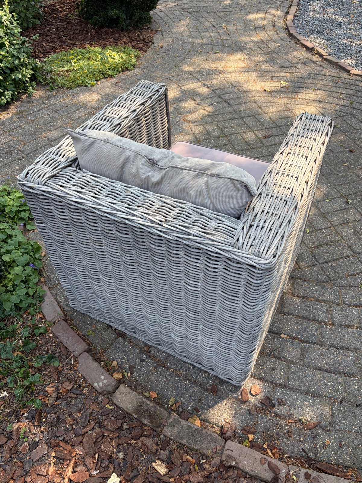 Grote rieten tuin fauteuil met kussens, Tuin en Terras, Tuinstoelen, Ophalen, Gebruikt, Rotan