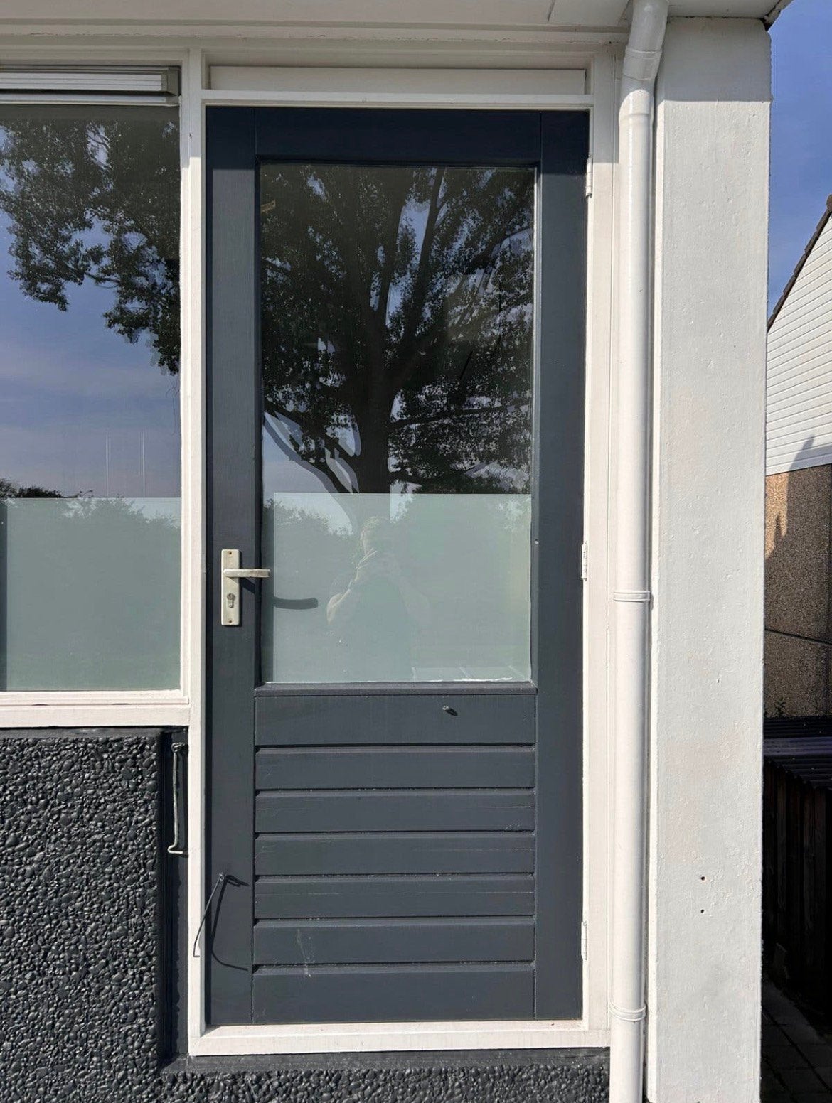 Buitendeur hardhout in goede staat., Ophalen, 80 tot 100 cm, 200 tot 215 cm, Glas