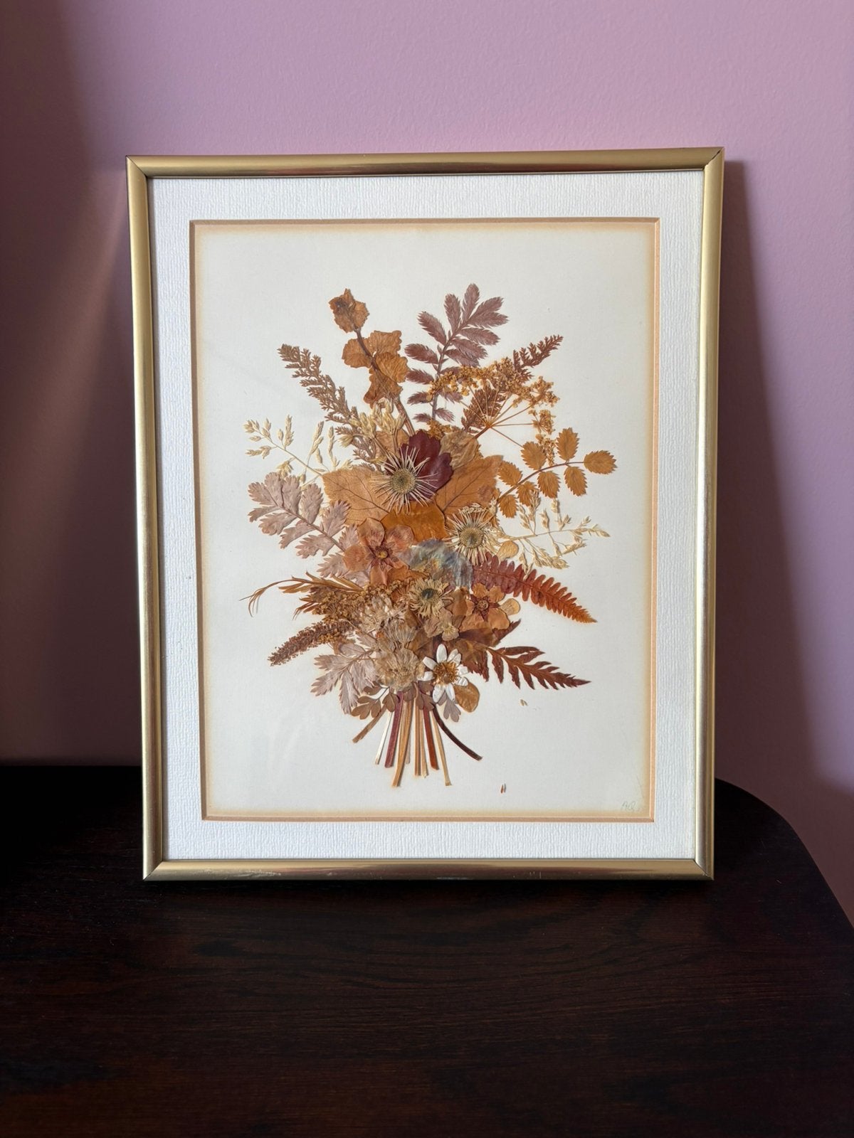 Vintage Droogbloemen Schilderij in Goudkleurige Lijst, 30 cm, Met passe-partout, 25 cm, Ophalen of Verzenden