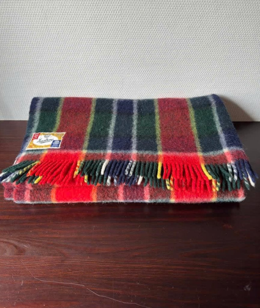 Dik Vintage Geruit Gekleurd Wollen Deken Woondeken Rood, Ophalen of Verzenden, Gebruikt, Wol, Woondeken