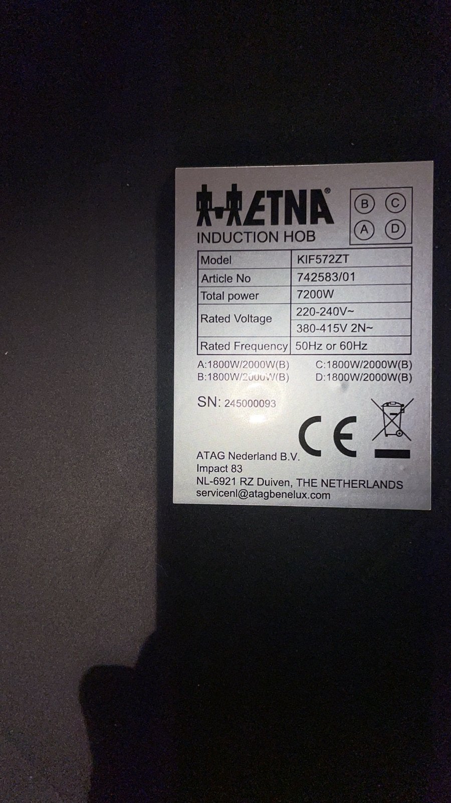 ETNA KIF572ZT Inductiekookplaat - Zo goed als nieuw, Witgoed en Apparatuur, Ophalen, 4 kookzones, Zo goed als nieuw, Inbouw