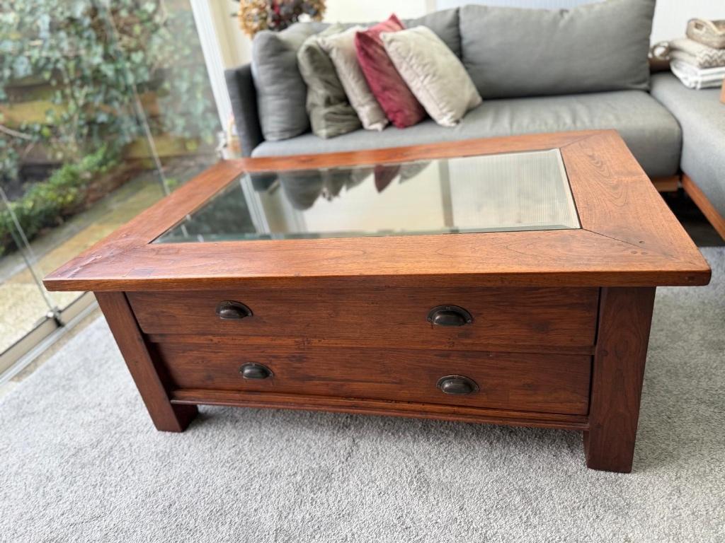 Salontafel Teakhout Gebeitst, Ophalen, Gebruikt, 100 tot 150 cm, Teakhout