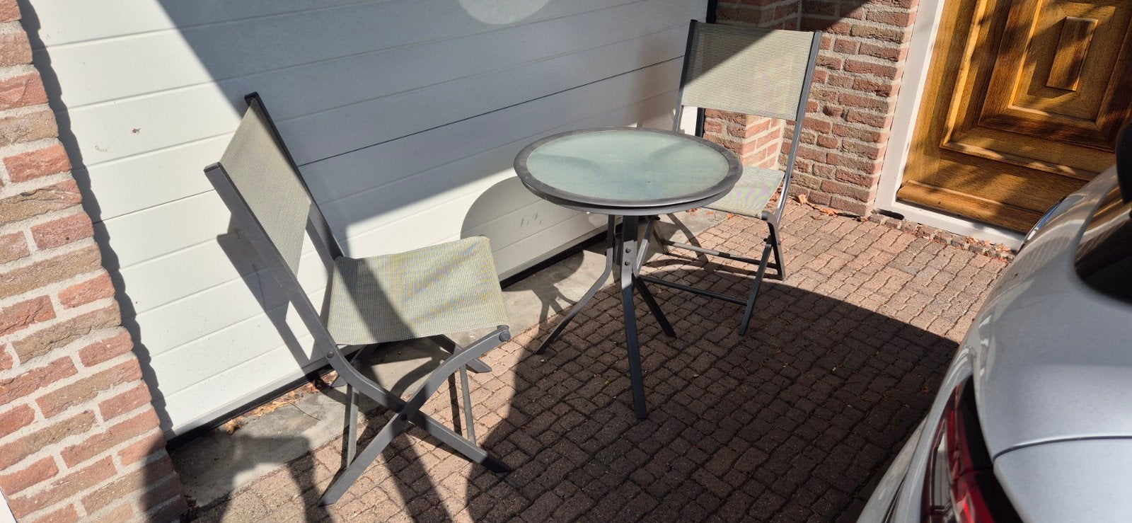Bistro set met glazen blad, diameter 1 meter, Ophalen, Gebruikt, Rond