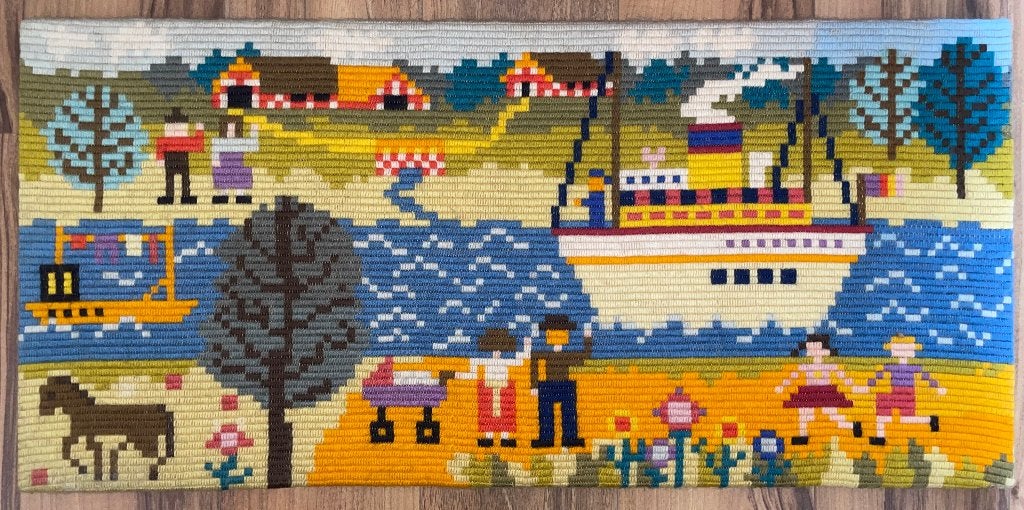 Groot retro vintage geborduurd schilderij / wandbord - Schip, Oorspronkelijke maker, Ophalen of Verzenden, Zo goed als nieuw, Schilderij
