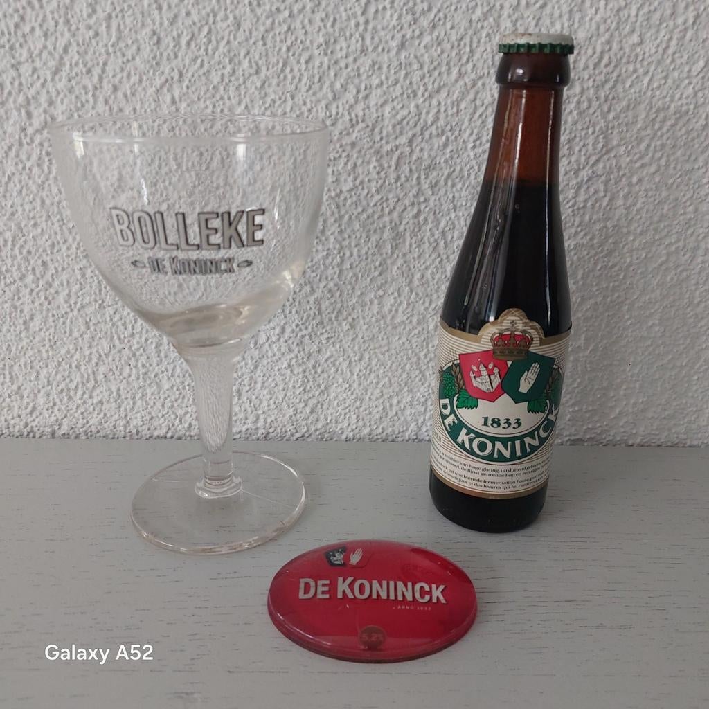 De Koninck bierflesje uit 1990 + glas+ bolle taplens, Ophalen of Verzenden, Zo goed als nieuw, Flesje(s), Overige merken