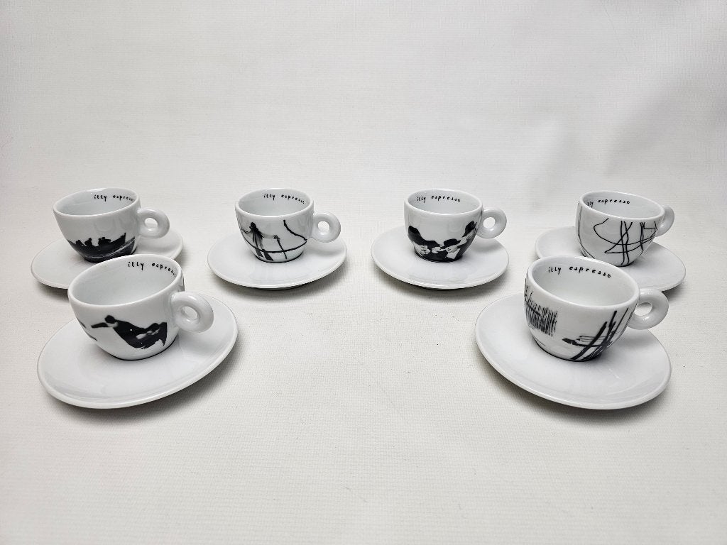 # 6 Illy Art Collection 1997 Espresso Kop Schotels Giacomel, Gebruikt, Ophalen of Verzenden, Overige stijlen, Kop(pen) en/of Schotel(s)