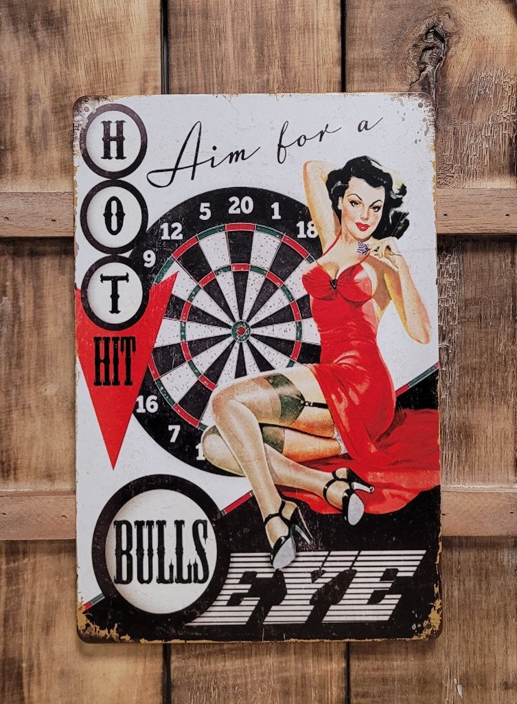 Bulls Eye pinup darten darts reclamebord van metaal wandbord, Info@deconoord.nl, Deco Noord, Nieuw, Ophalen of Verzenden