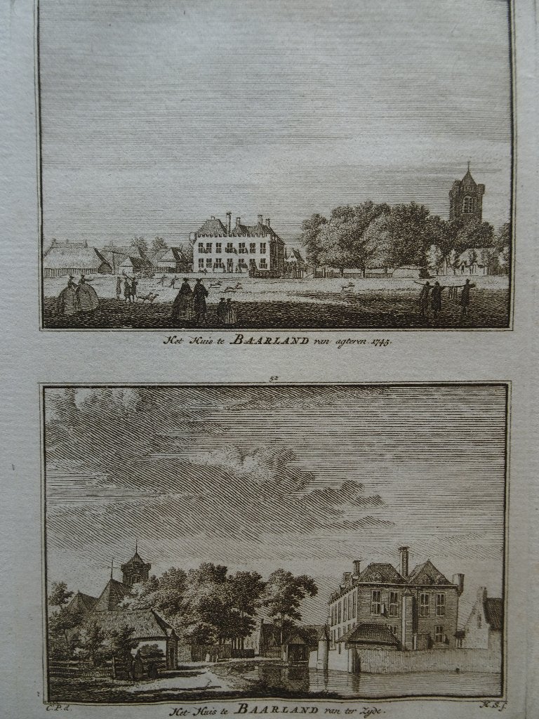 Kopergravure Het huis te Baarland achter- en zijkant 1745, Verzenden, Architectuur, Gravure, Origineel
