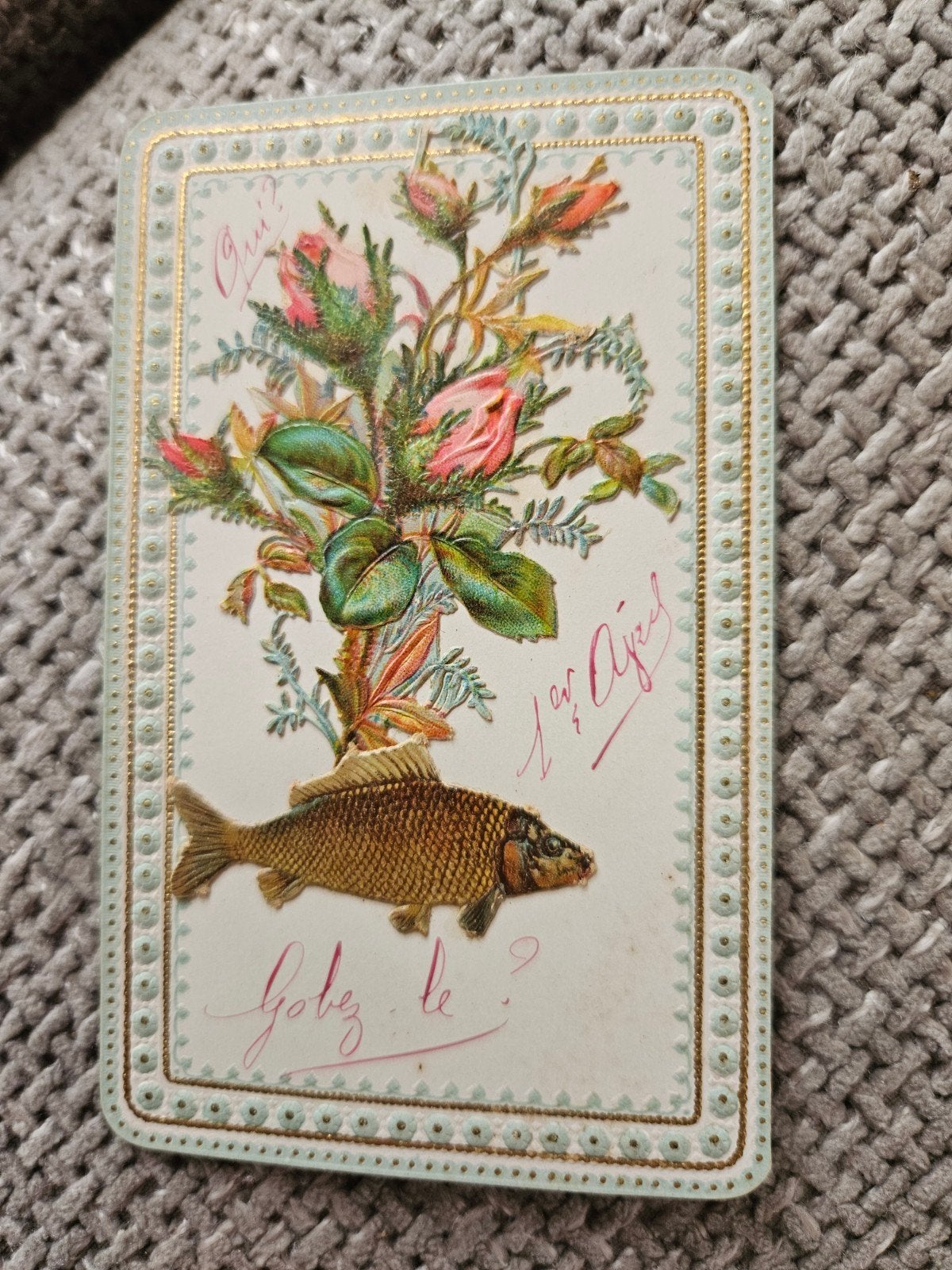 Vintage 1 april kaart met vissen en bloemen, Ophalen of Verzenden, Voor 1920, Gelopen