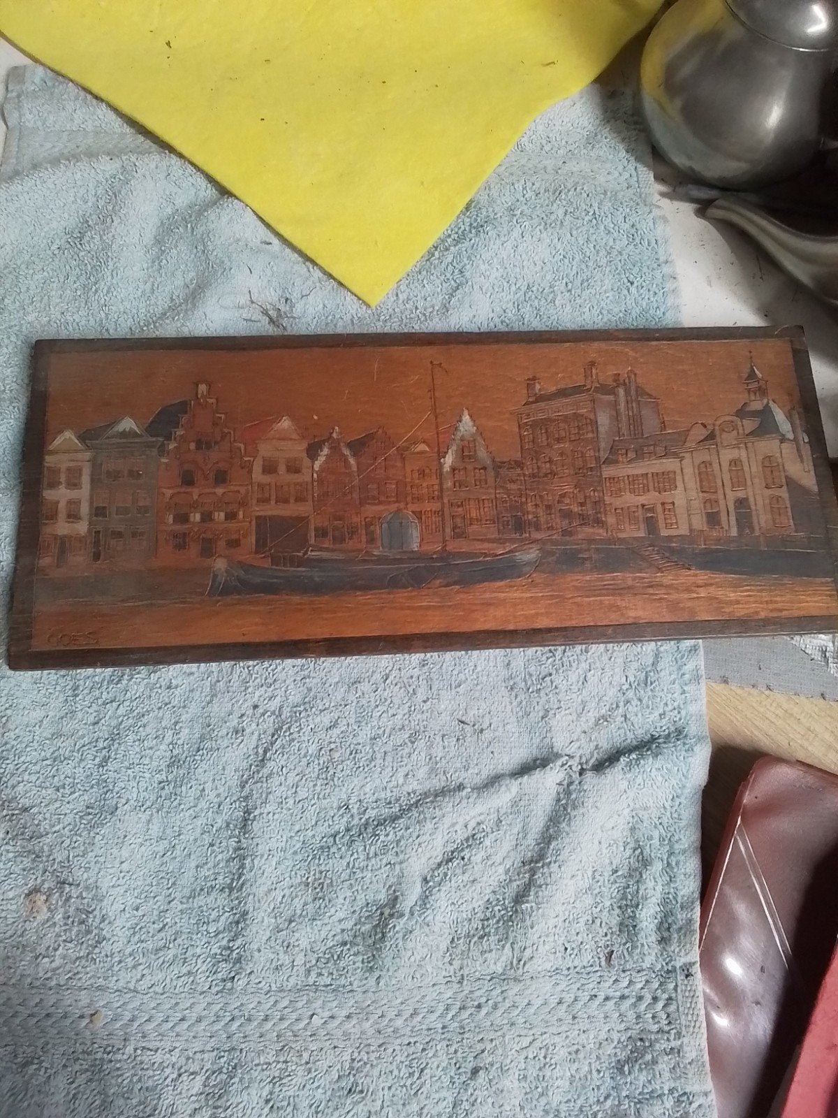 15553) tekening op/in hout  GOES  30x12,5 cm, Antiek en Kunst, Kunst | Tekeningen en Foto's, Ophalen of Verzenden