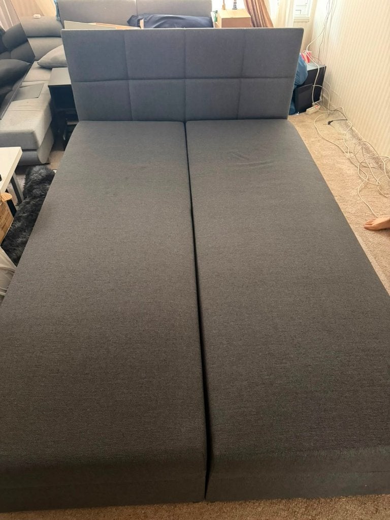 Boxspring 160x200 cm – Grijs – Inclusief topmatras, Ophalen, Gebruikt, Luxe, Tweepersoons