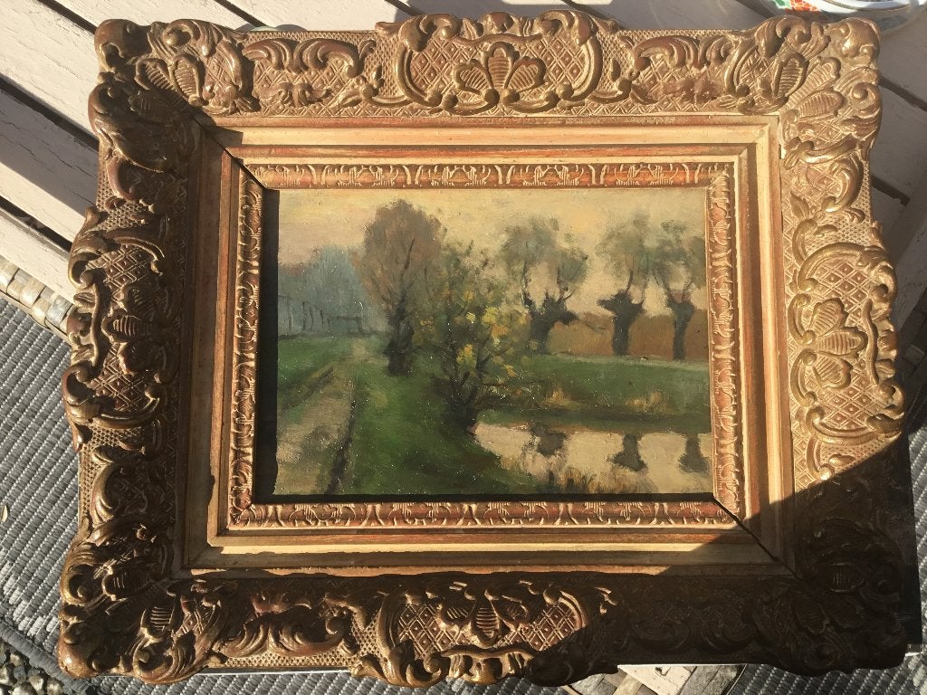 Schilderij met knotwilgen, Paneel, Bijzondere lijst, Impressionistisch, Ophalen of Verzenden