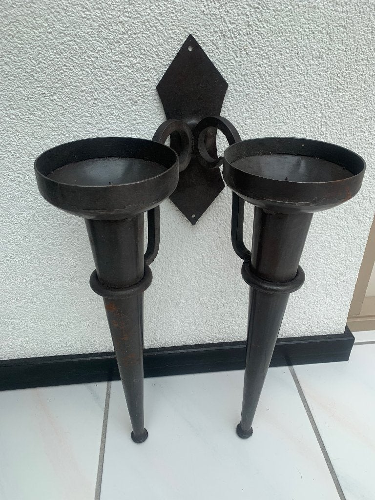 Set van 2 smeedijzeren wandkandelaars, Huis en Inrichting, Gebruikt, Zwart, 43 cm, Ophalen of Verzenden