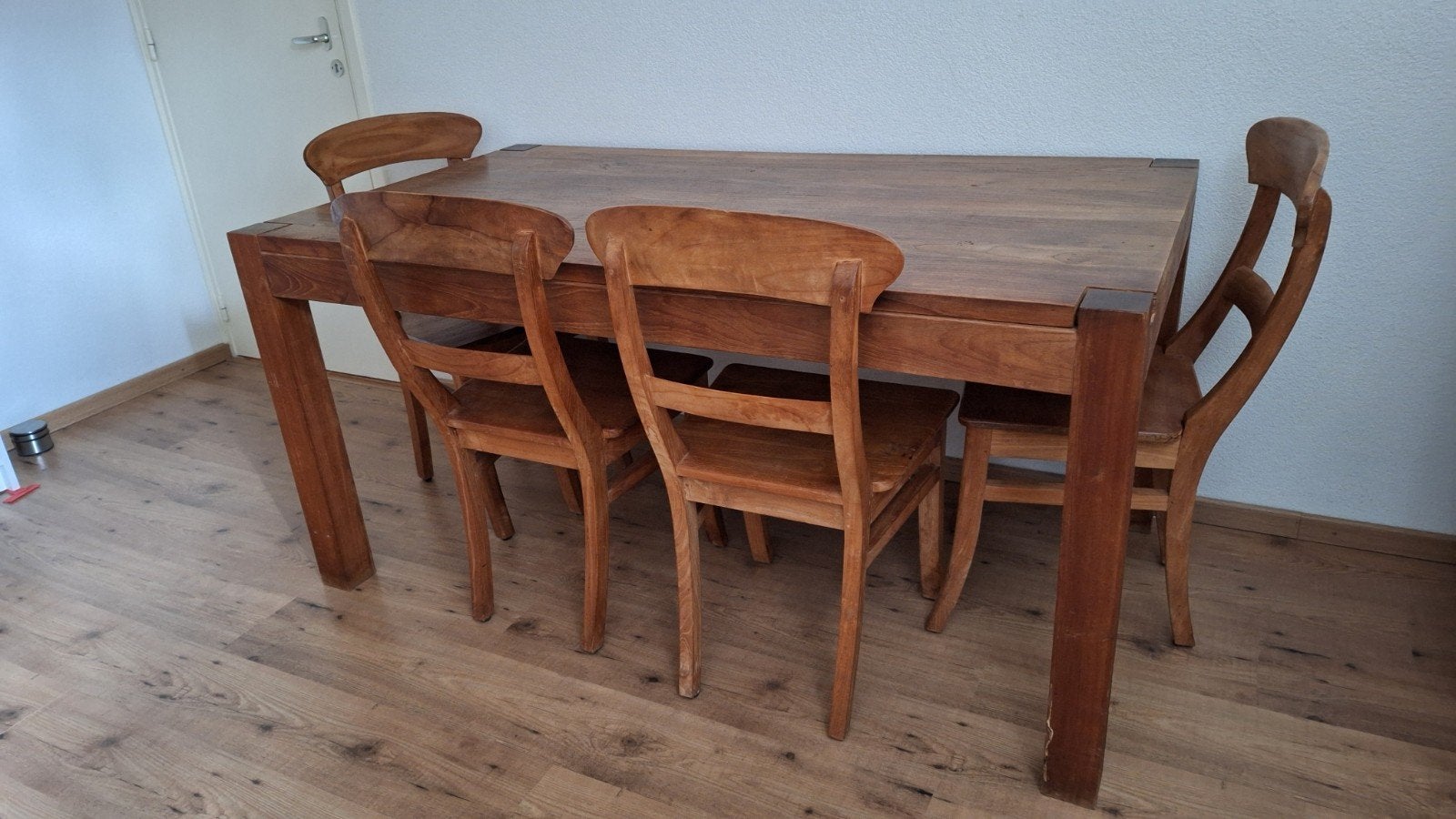 Teakhouten eettafel 160x90 + 4 stoelen, Ophalen, Gebruikt, Landelijk, 4 tot 6 stoelen