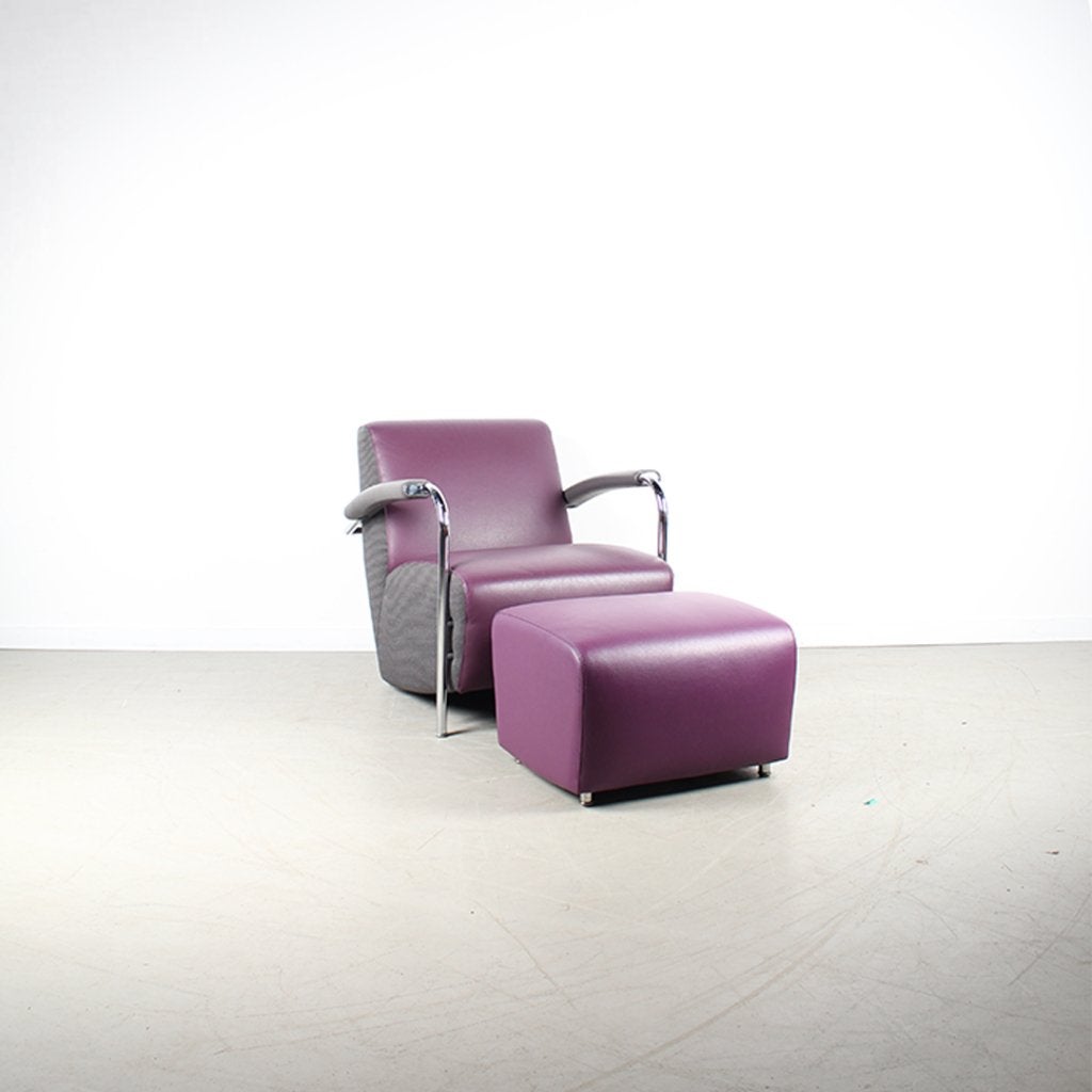 1x Leolux Scylla Fauteuil Laag Paars Leer/Grijs Stof+ Hocker, Niet ingevuld, Niet ingevuld, 75 tot 100 cm, Ophalen of Verzenden