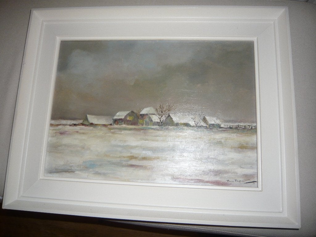 Uniek olieverf winter landschap van Ton Pape 35x45cm, Antiek en Kunst, Doek, Realistisch, Ophalen of Verzenden, Gesigneerd