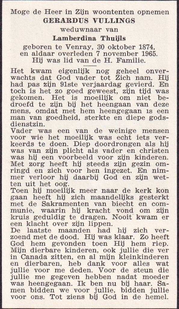 Vullings Gerardus 1874 Venray 1965, Verzamelen, Ophalen of Verzenden, Bidprentje