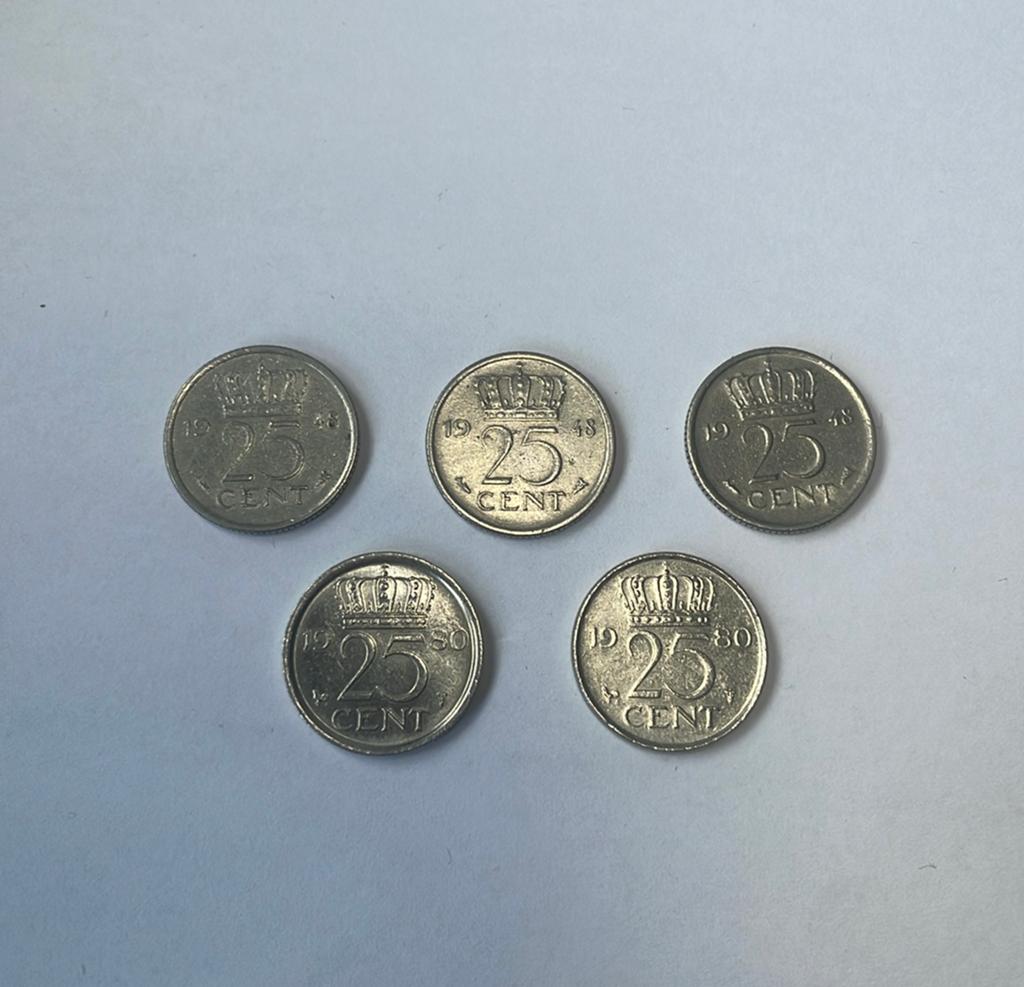 5 Kwartjes: 2x Juliana 1980, 3x Wilhelmina 1948 - Zeer Fraai, Ophalen of Verzenden, Koningin Wilhelmina, 25 cent, Setje