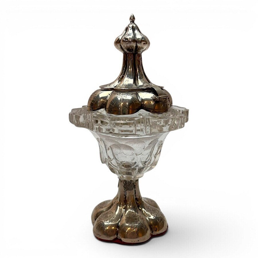 19e eeuwse kristallen mosterdpot met zilveren montuur, Ophalen of Verzenden, Zilver