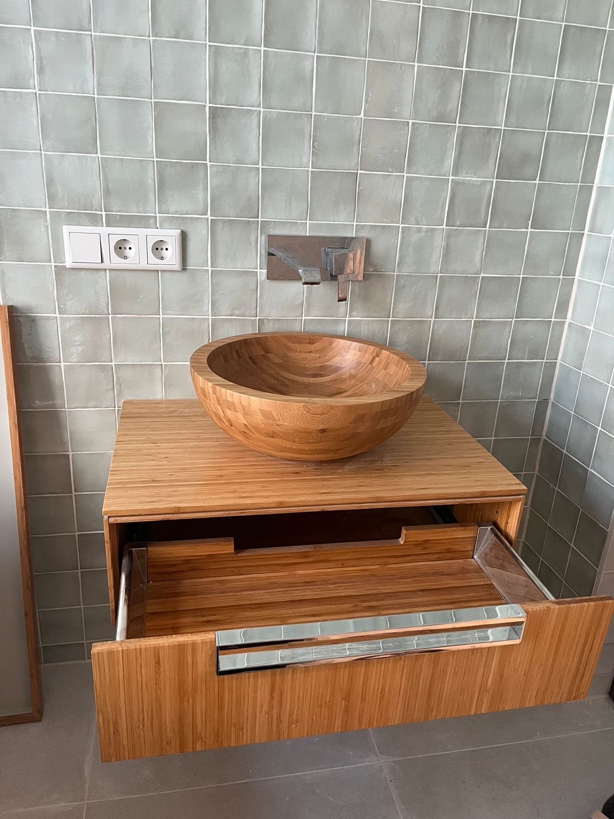 Design Bamboe hout badkamermeubel 75 cm wastafel ladekastje, Ophalen, 50 tot 100 cm, Zo goed als nieuw, Minder dan 100 cm