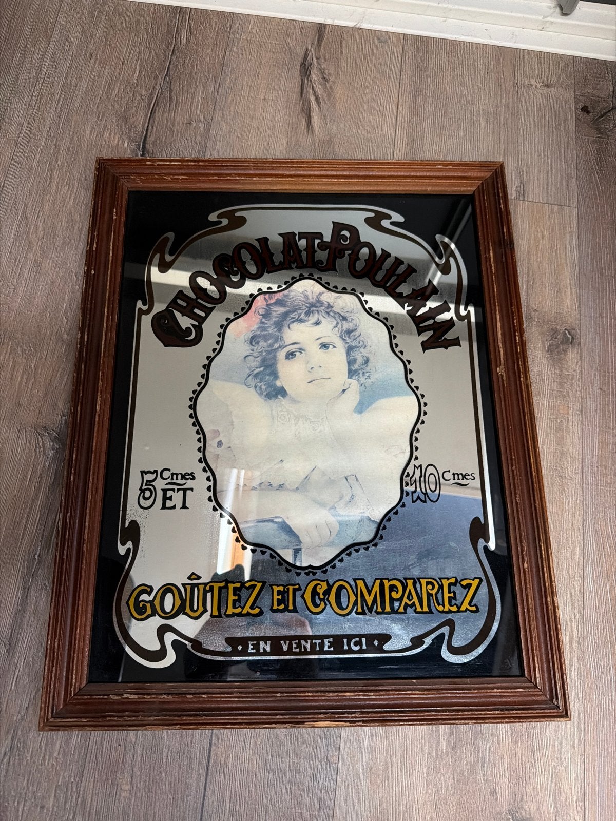 Vintage Chocolat Poulain spiegel - Goûtez et Comparez, Ophalen of Verzenden, Rechthoekig, 50 tot 100 cm