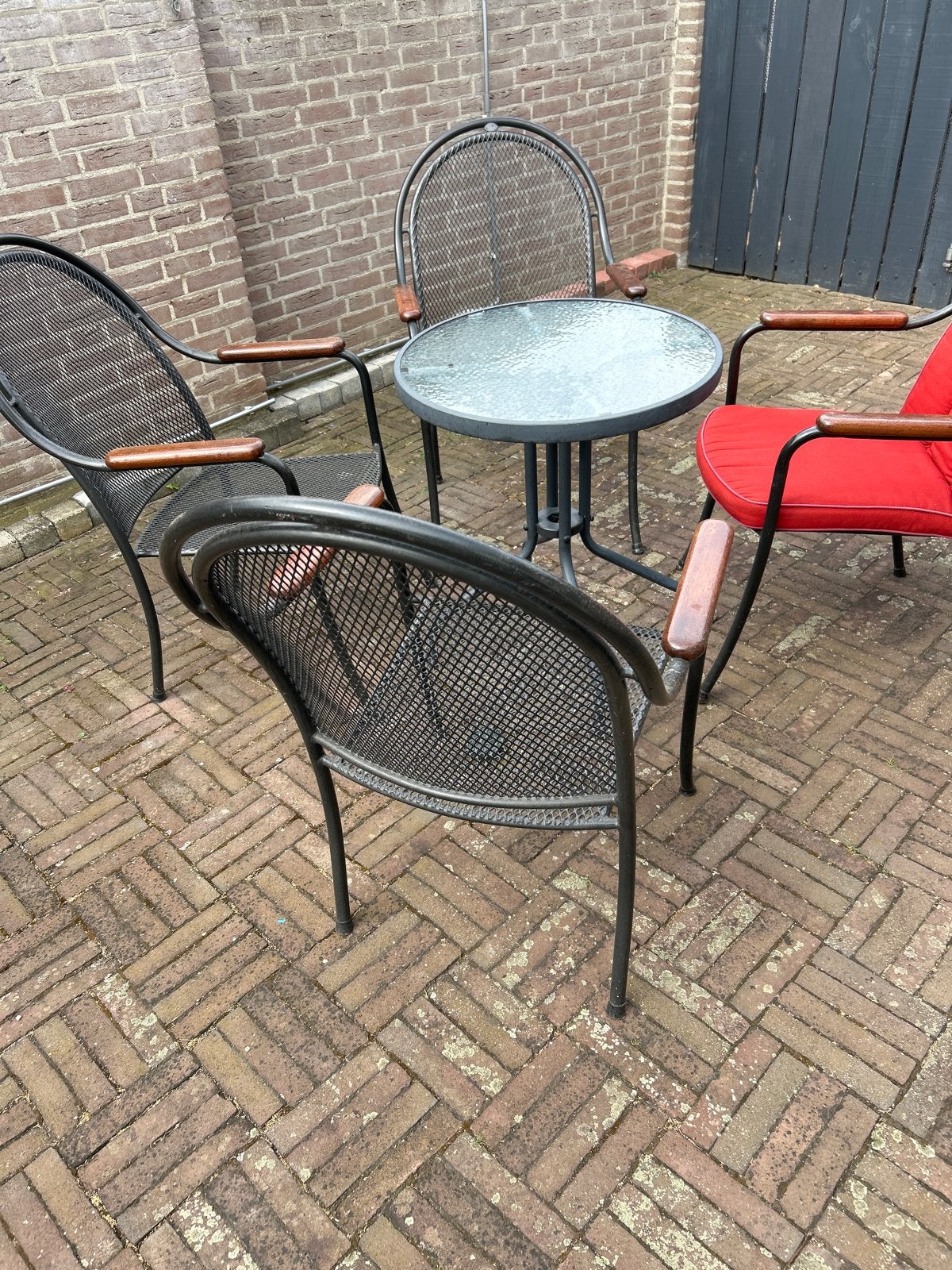 Tuinset met 4 stoelen en glazen tafel ( royal garden), Gebruikt, Eettafel, Ophalen of Verzenden, Tuinset