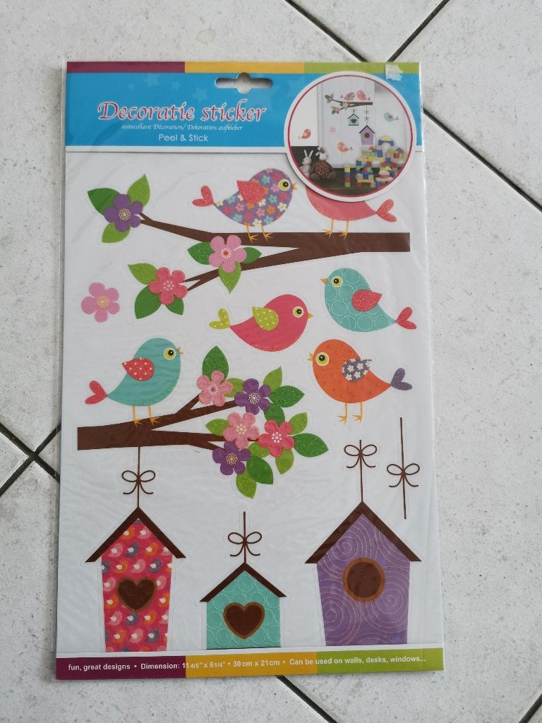 Decoratie sticker met vogeltjes en vogelhuisjes en glitter, Huis en Inrichting, Woonaccessoires | Overige, Ophalen of Verzenden
