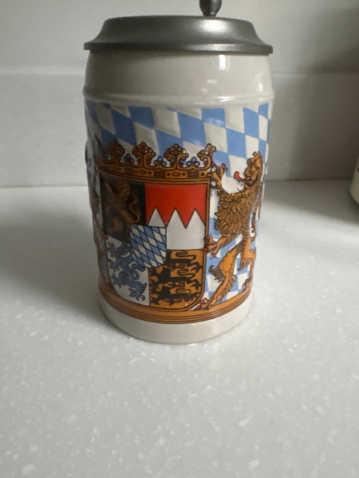 Vintage Duitse Bierpul met Wapen en Tin Deksel, Antiek en Kunst, Ophalen of Verzenden