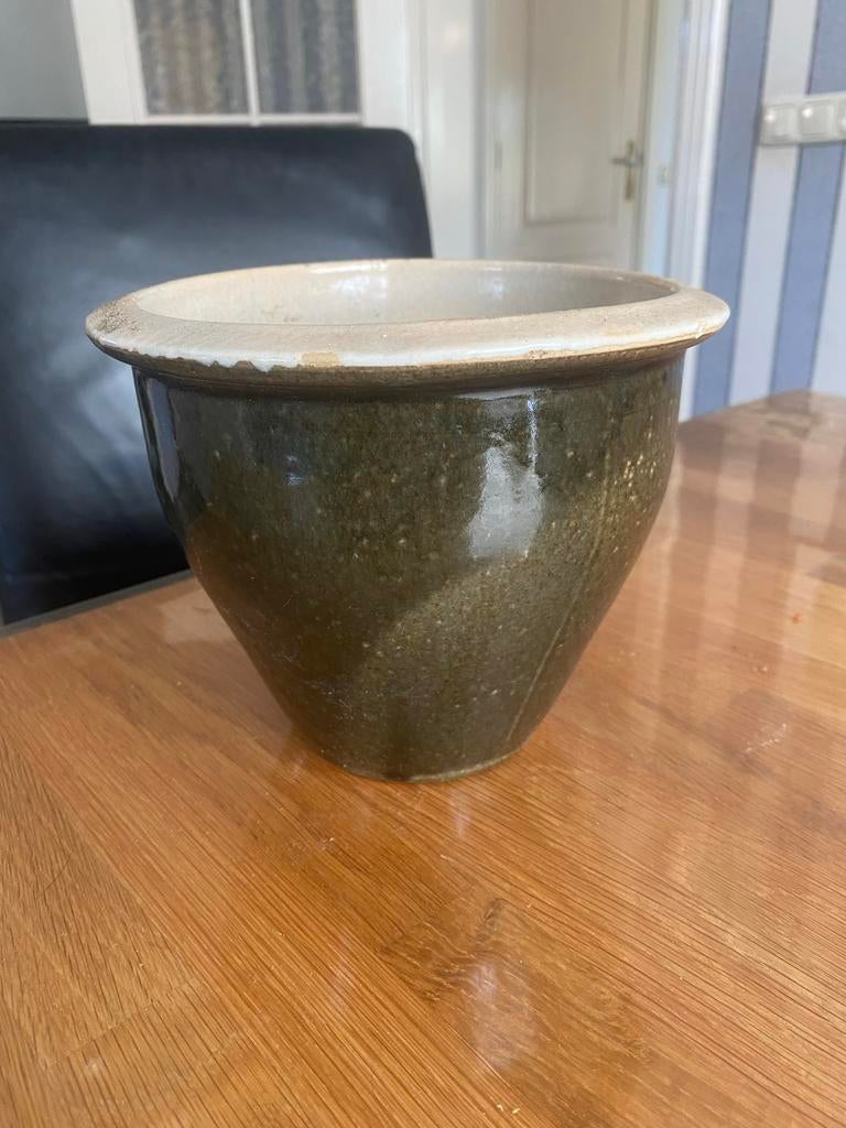 Vintage Bloempot - Groen Geglazuurd Keramiek, Ophalen of Verzenden