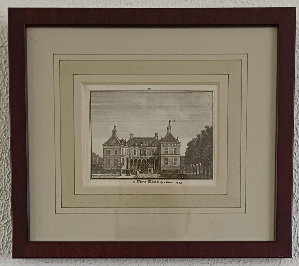 18e Eeuwse Kopergravure 't Huis Eeze bij Almen, 1743, Antiek en Kunst, Ingelijst, Ophalen of Verzenden, Gravure, Landschap