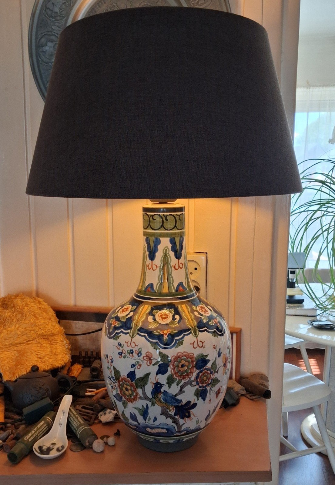 Prachtige Polychroom Handbeschilderde Vaaslamp - 60 cm hoog, Antiek en Kunst, Ophalen of Verzenden