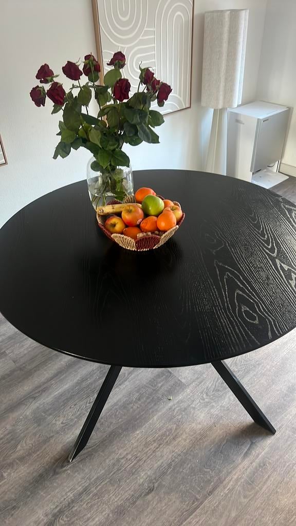 Zwarte ronde houten fineer tafel 120, Ophalen, 100 tot 150 cm, Rond, Zo goed als nieuw