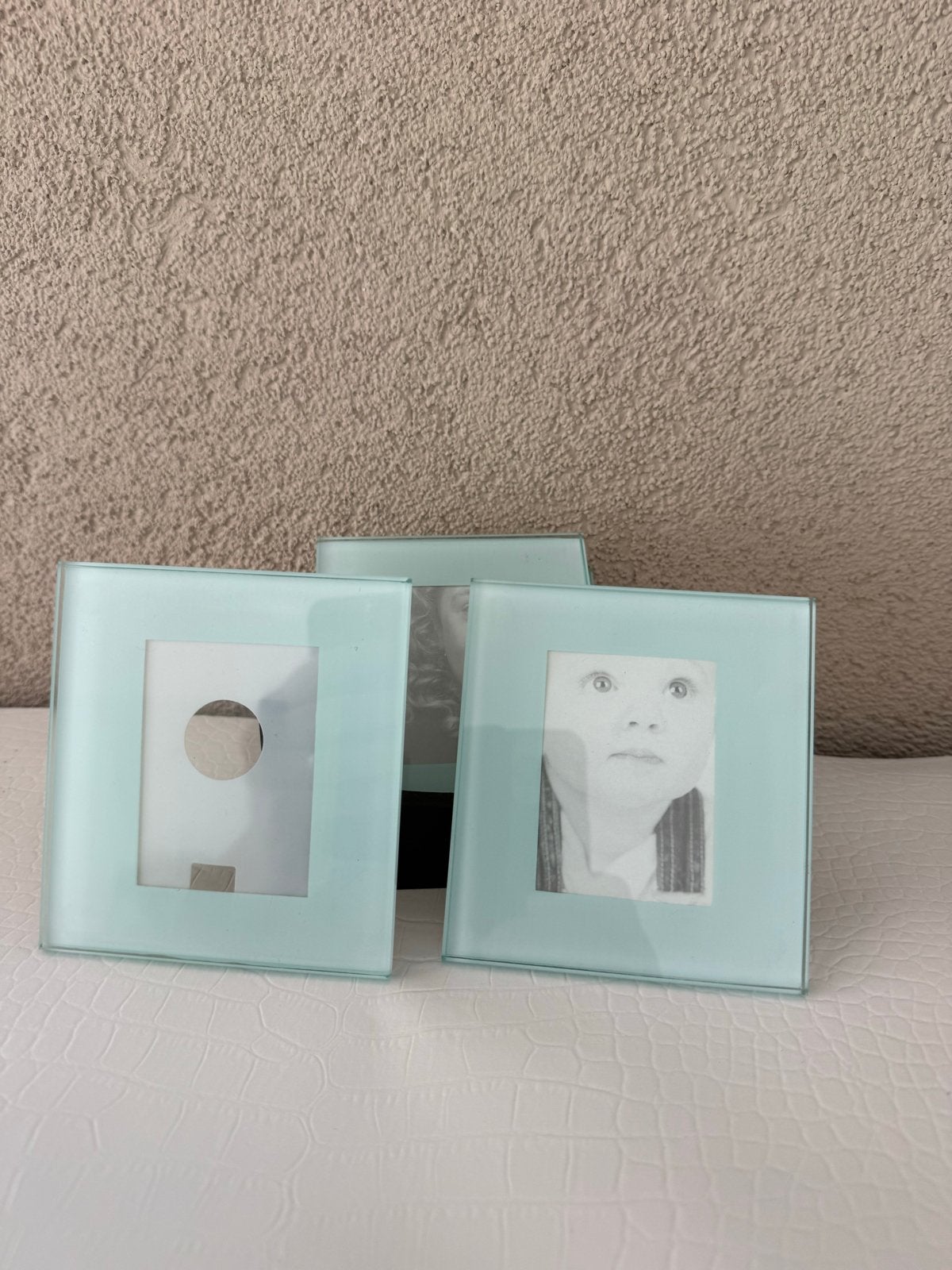Set van 4 glazen fotolijstjes met houder, Ophalen, Gebruikt, Blauw, Glas