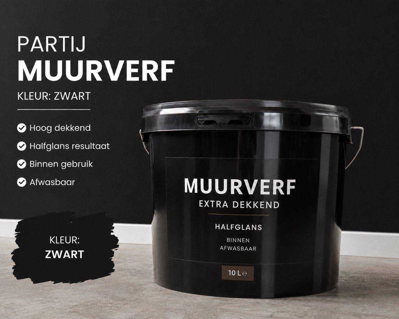Partij Zwarte Muurverf - 800 Liter, Halfglans, Afwasbaar, Ophalen, 5 tot 10 liter, Zwart, Nieuw