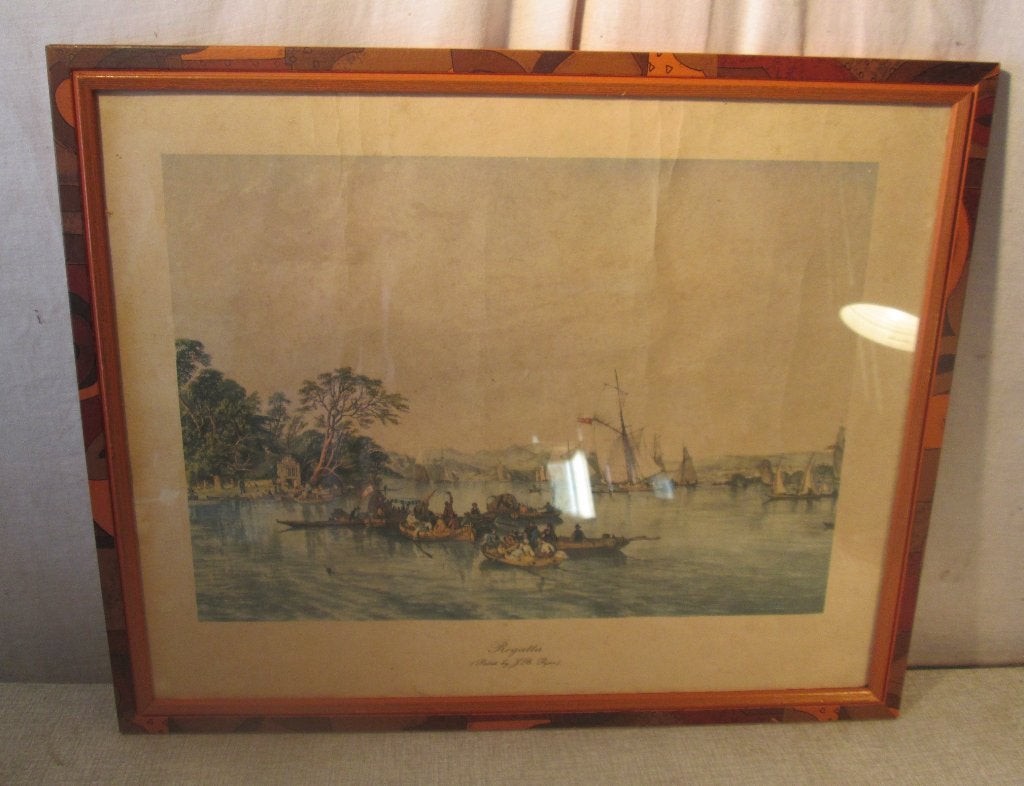 Mooi Oude Gravure 'Regatta' - JB Pyne - 54x44, Ophalen of Verzenden, Landschap, Gravure, Ingelijst