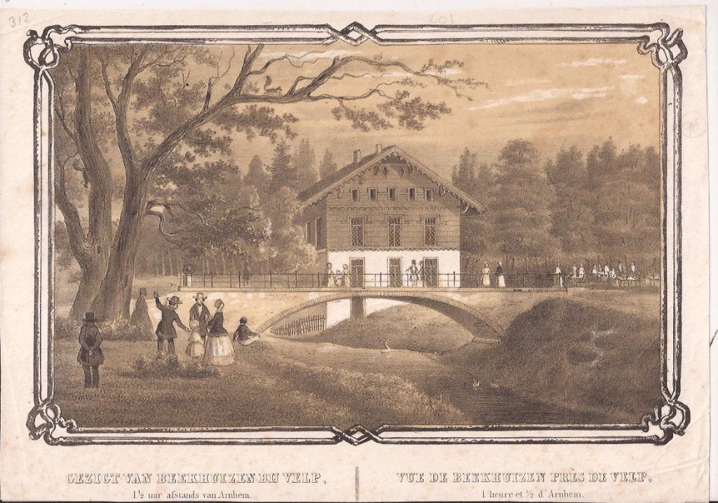 Gelderland Gezigt van Beekhuizen bij Velp 1,5 uur afstand, 1800 - 1899, Ophalen of Verzenden, Blanco verso, Landschap