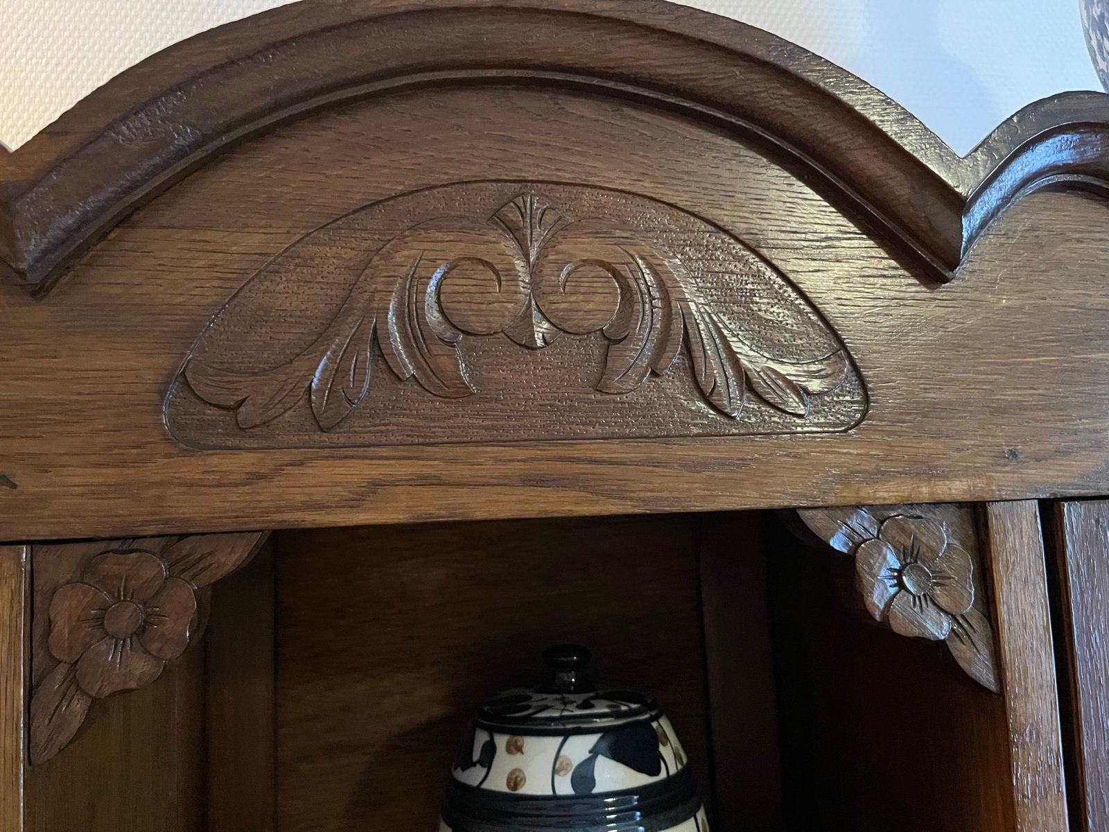 Antiek eiken dressoir met vitrinekast en spiegel, Antiek en Kunst, Ophalen