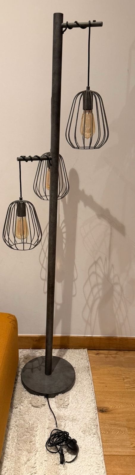 Stoere industriële vloerlamp met 3 kooilampen, Ophalen, Gebruikt, E27 (groot), Metaal
