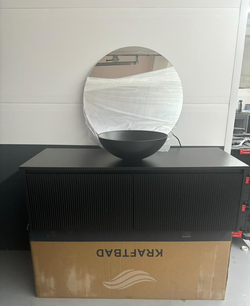 Badmeubel zwart KRAFTBAD 120cm nieuw inclusief led spiegel, Huis en Inrichting, Badkamer | Badkamermeubels, 100 tot 150 cm, Nieuw