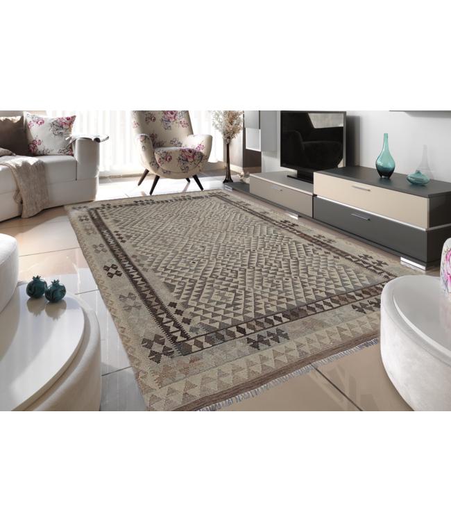 Handgemaakt Natural Kelim Wol Tapijt 296x197 cm, Beige, 150 tot 200 cm, Ophalen of Verzenden, Rechthoekig