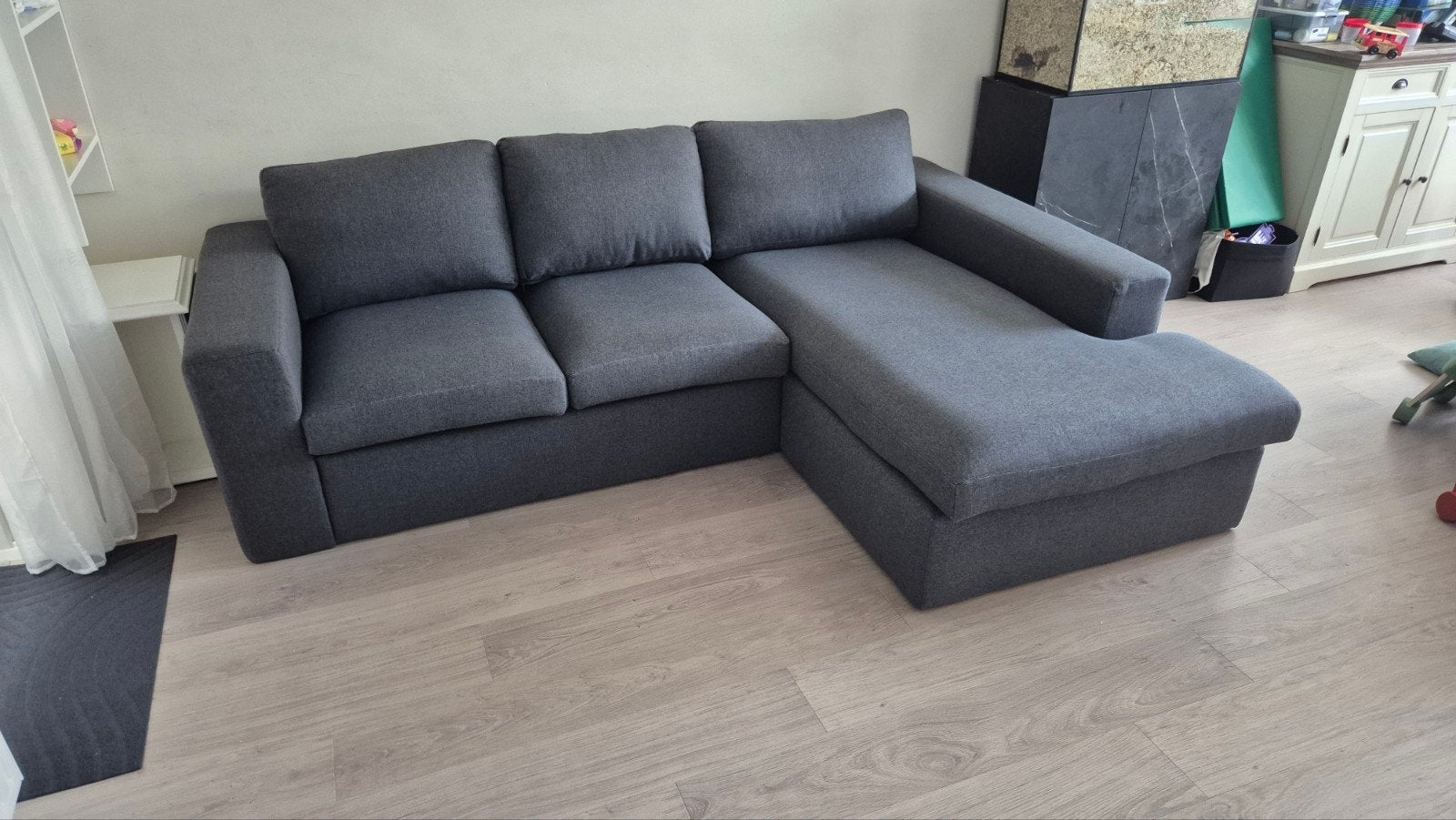 Hoekbank met Chaise Longue - antraciet stof, Ophalen, Hoekbank, Zo goed als nieuw, 200 tot 250 cm