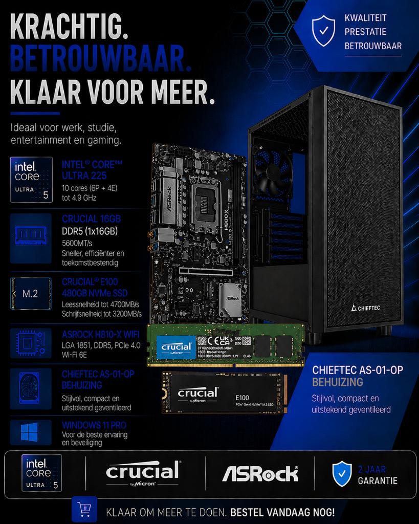 NIEUWE PC - Intel Ultra 5 4.7Ghz/16GB DDR5/480GB/Win11/2jGar, Computers en Software, Desktop Pc's, -, Zelfgebouwde PC, -, Ophalen of Verzenden