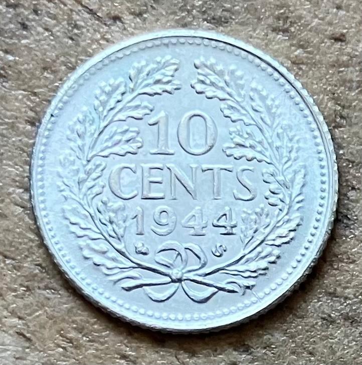 10 cent 1944 ES Wilhelmina, Ophalen, Zilver, 10 cent, Koningin Wilhelmina